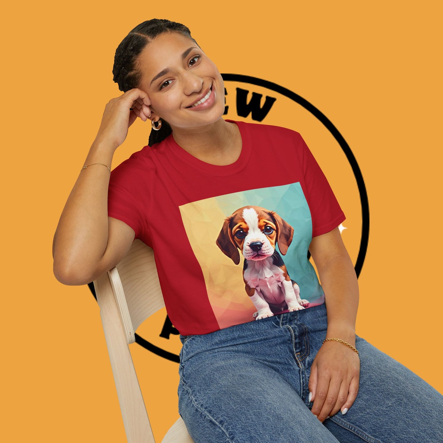Modern Art Beagle Puppy T-Shirt - Geometric Low Poly Dog Design with Rainbow Background