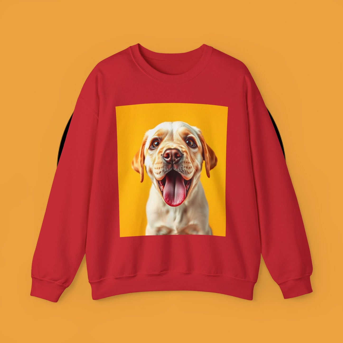 Unisex Dog Lover Crewneck Sweatshirt - Smiling Yellow Lab on vibrant yellow background