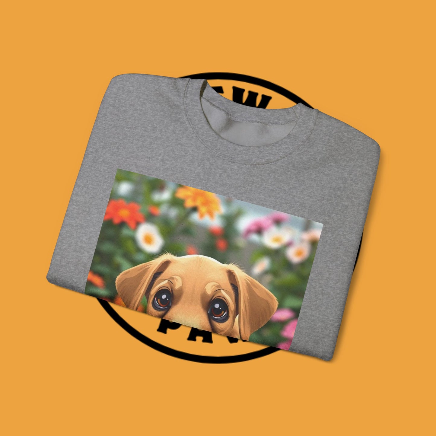 Unisex Dog Lover Crewneck Sweatshirt - Cute puppe with big eyes in floral garden