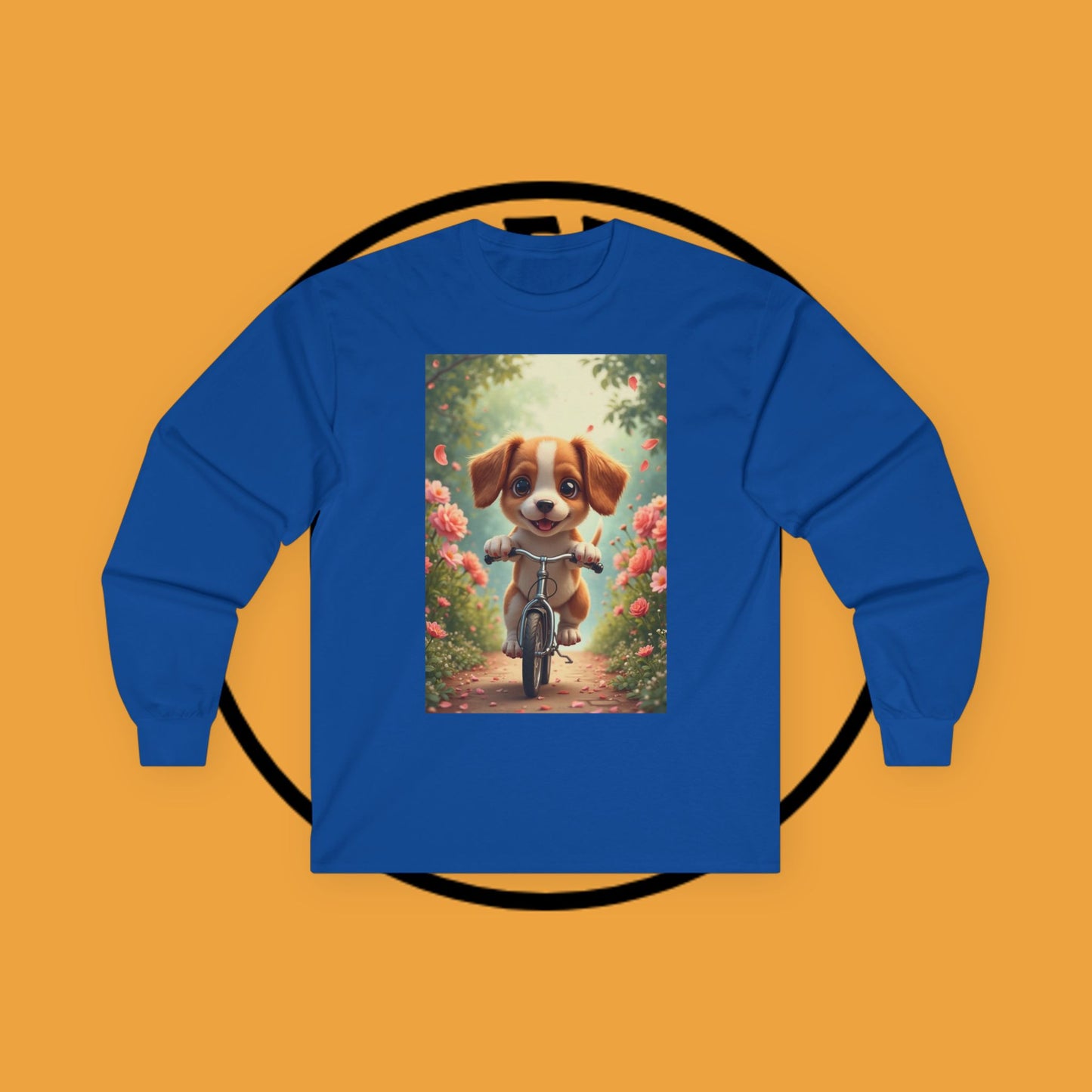 Happy Puppy Riding Bike Spring Flowers Long Sleeve Tee Gift