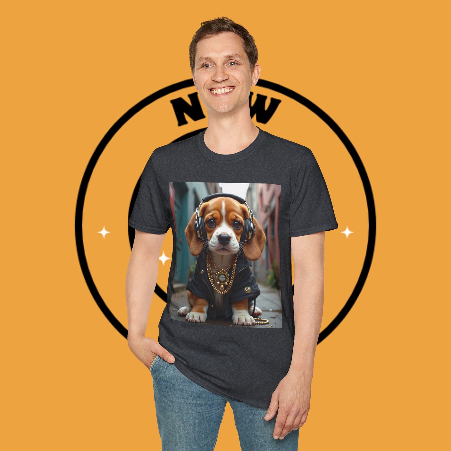 Hip Hop Beagle Dog T-Shirt - Cool Puppy with Headphones & Gold Chains Graphic Tee