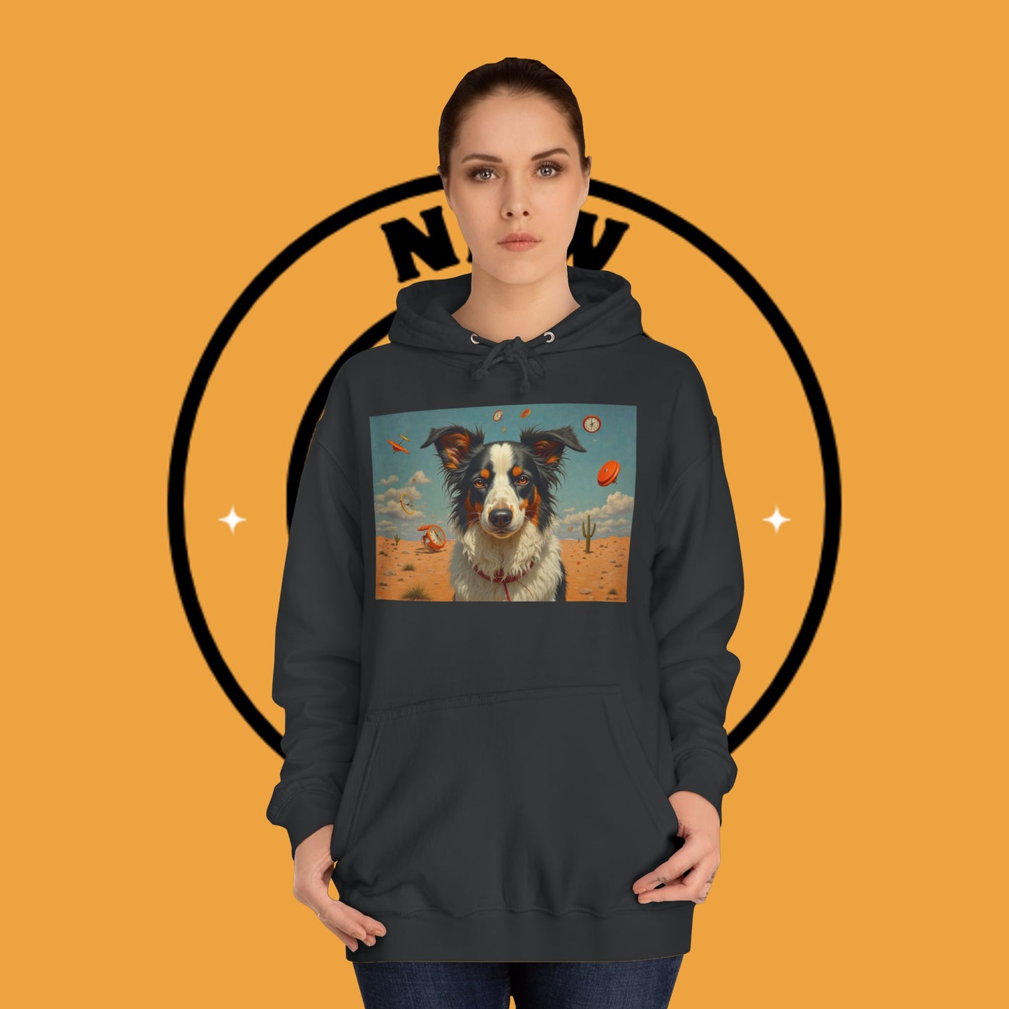 "Surreal Border Collie Time Desert Hoodie - Flying Clocks Artistic Dog Sweatshirt | Dreamlike Fantasy Design"