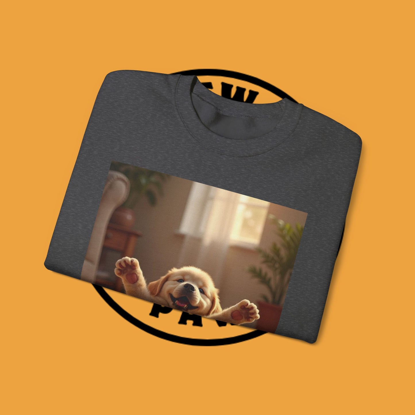 Unisex Dog Lover Crewneck Sweatshirt - Joyful Paws: Yellow Lab Puppy Stretching on Plush Carpet
