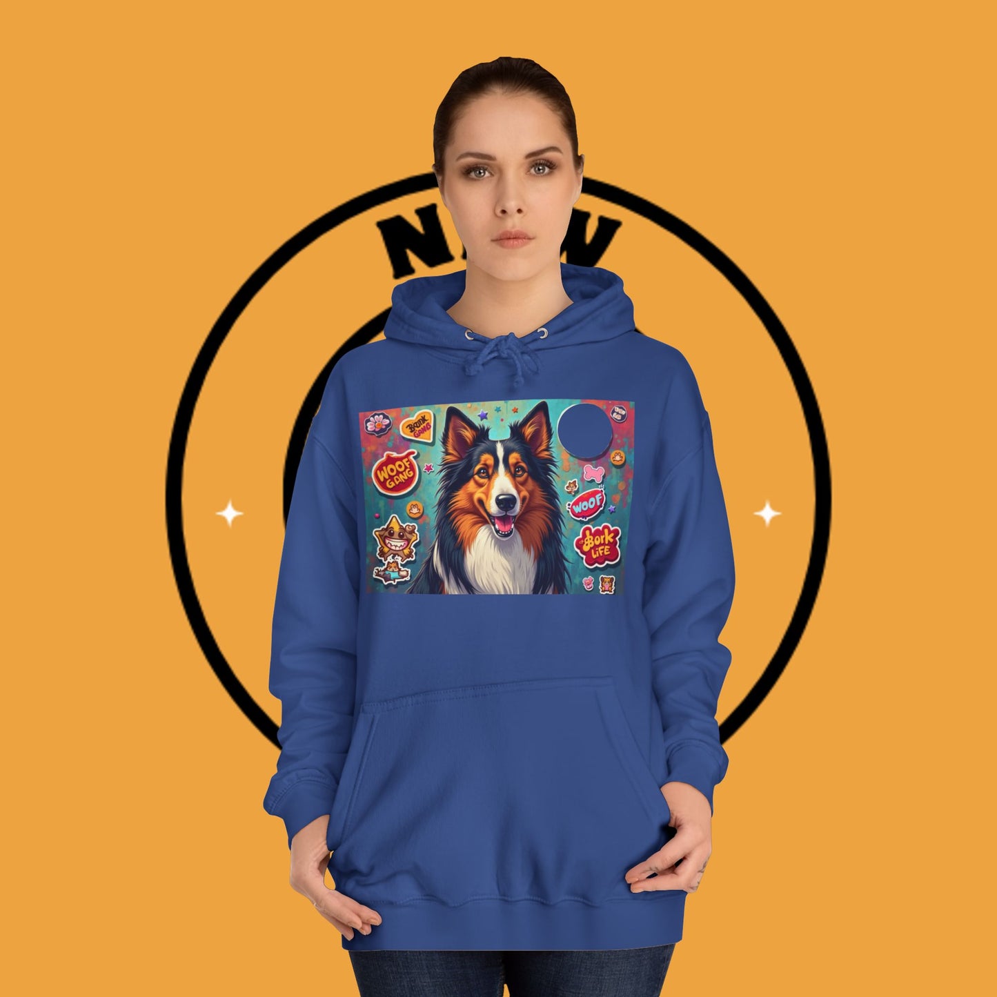 "Dog Sticker Pack Hoodie - Vibrant Collie with Fun Dog Patches Design | Millennial Pet Lover Streetwear"