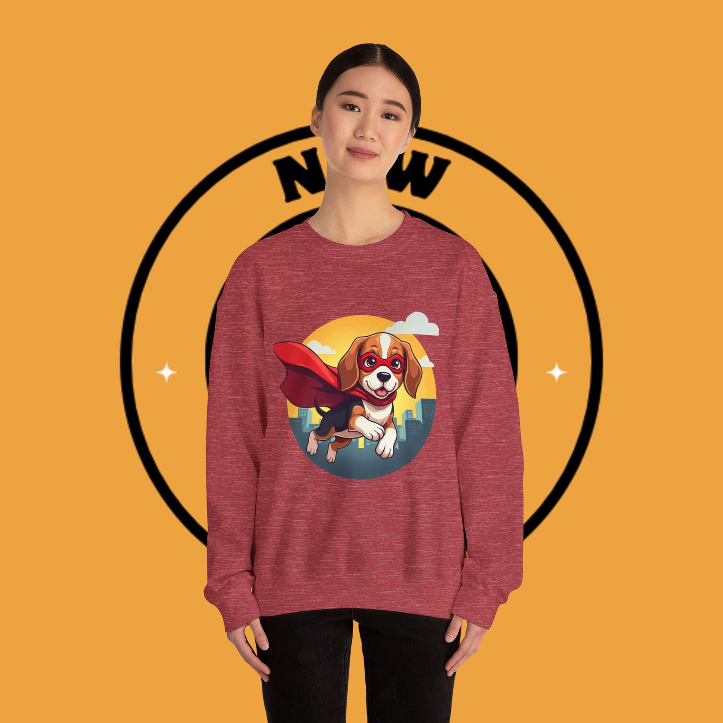 Superhero Dog Crewneck Sweatshirt - Flying Beagle Design with Red Cape and Mask