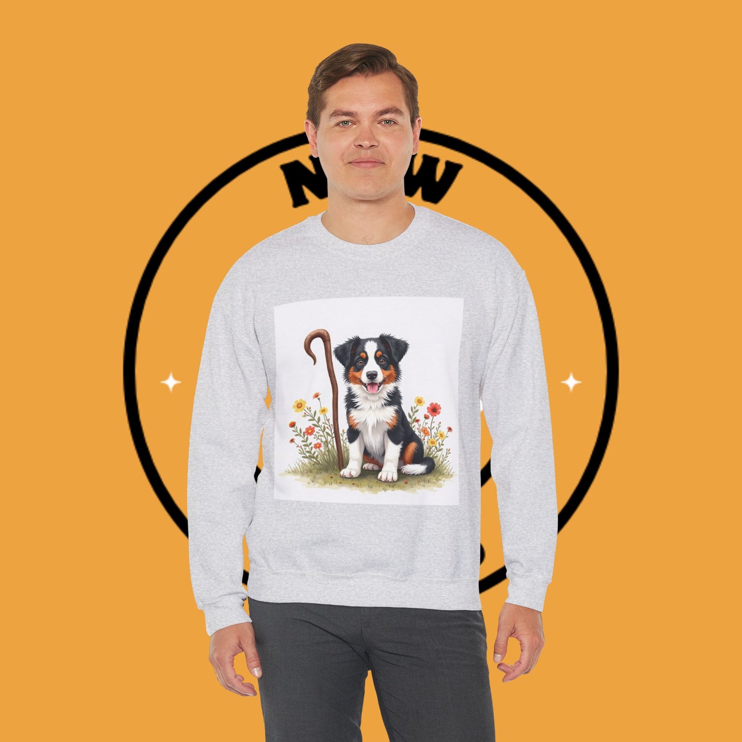 Border Collie Puppy Shepherd's Crook Crewneck Sweatshirt - Pastoral Dog Art | Farm Life Gift