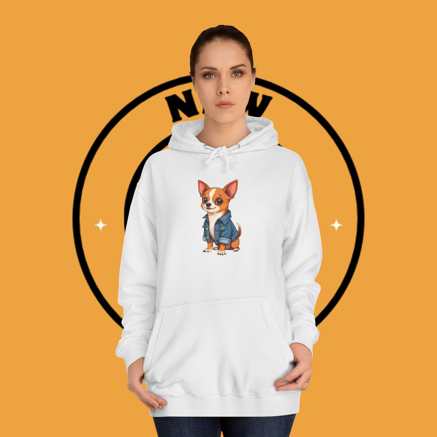 "Adorable Chihuahua in Denim Jacket Hoodie | Cute Dog Lover Gift | Premium Pet Fashion Streetwear"