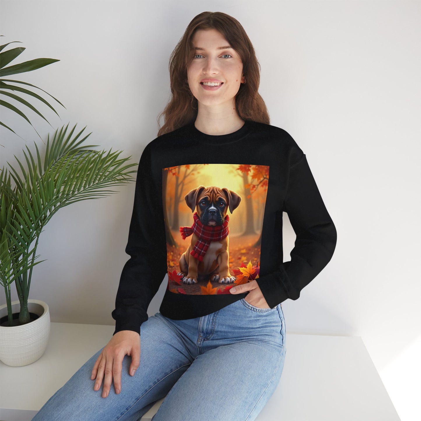 Cute Boxer Puppy Autumn Crewneck Sweatshirt | Fall Dog Lover Gift | Cozy Plaid Scarf Design
