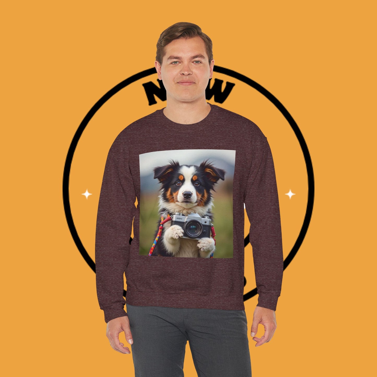 Photographer Dog Crewneck Sweatshirt - Cute Puppy with Vintage Camera Design | Photography Lover Gift