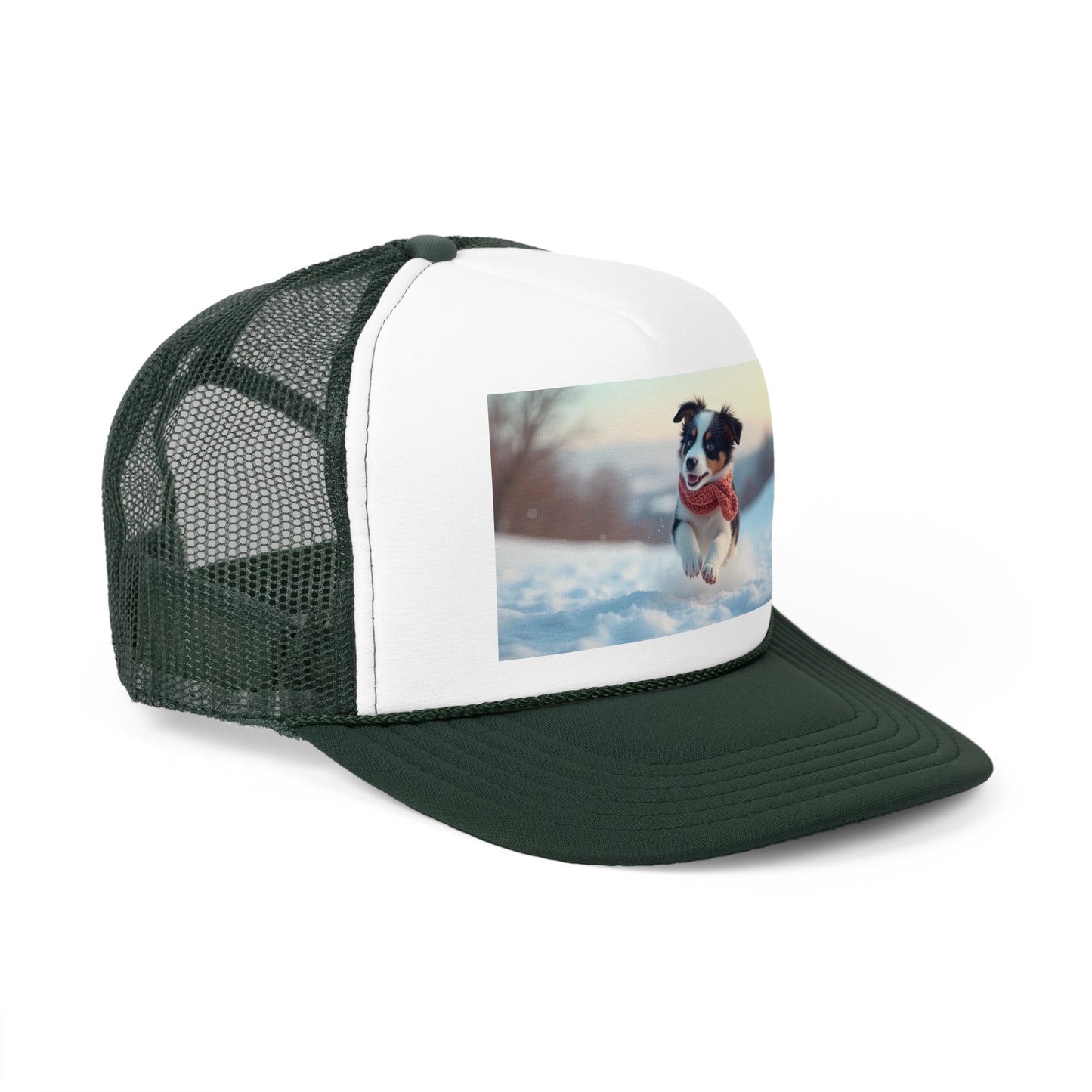 Winter Puppy Trucker Hat - Cozy Dog in Snow Cap - Adorable Scarf Puppy Baseball Hat