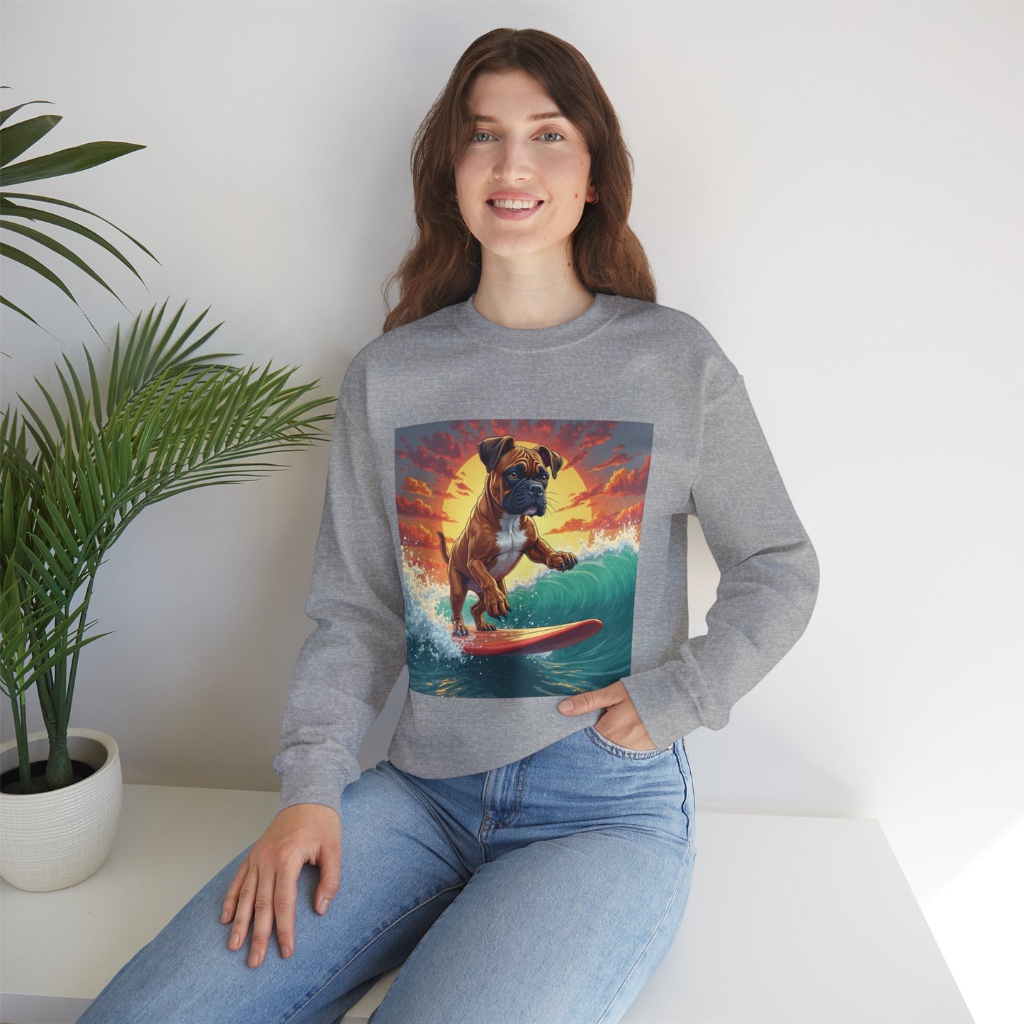 Surfing Boxer Dog Crewneck Sweatshirt | Funny Beach Surfer Gift | Epic Wave Riding Pup Design