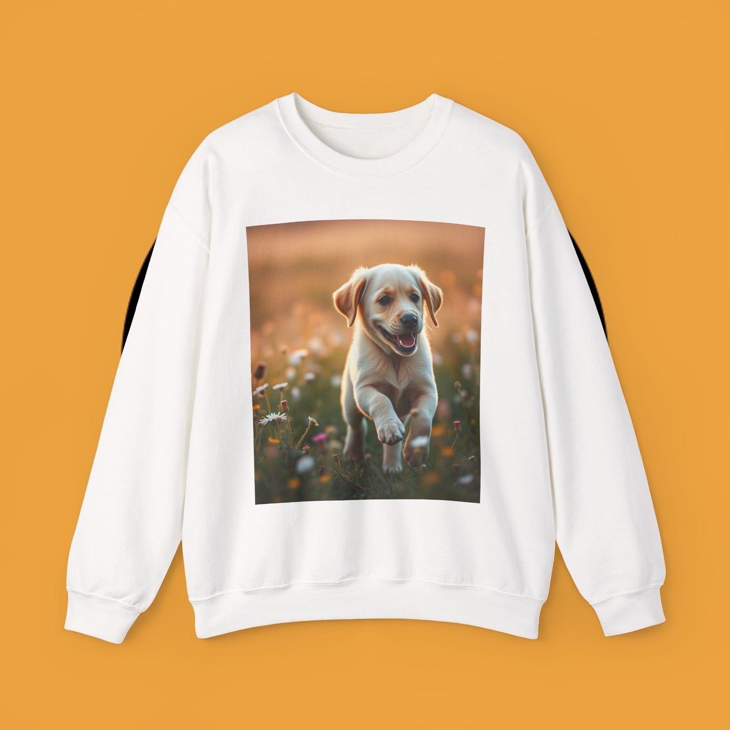 Unisex Dog Lover Crewneck Sweatshirt - Playful Labrador Puppy Running Through Wildflower Meadow