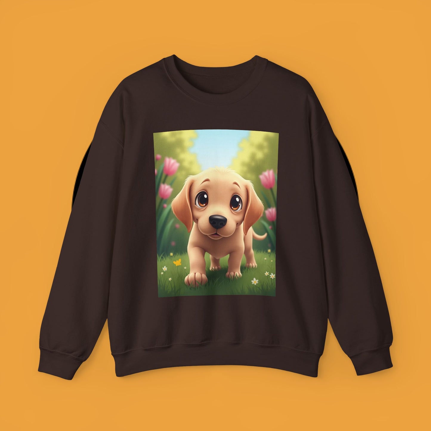 Adorable Golden Retriever Puppy in a Garden with Flowers - Cute Puppy Photo kawaii style