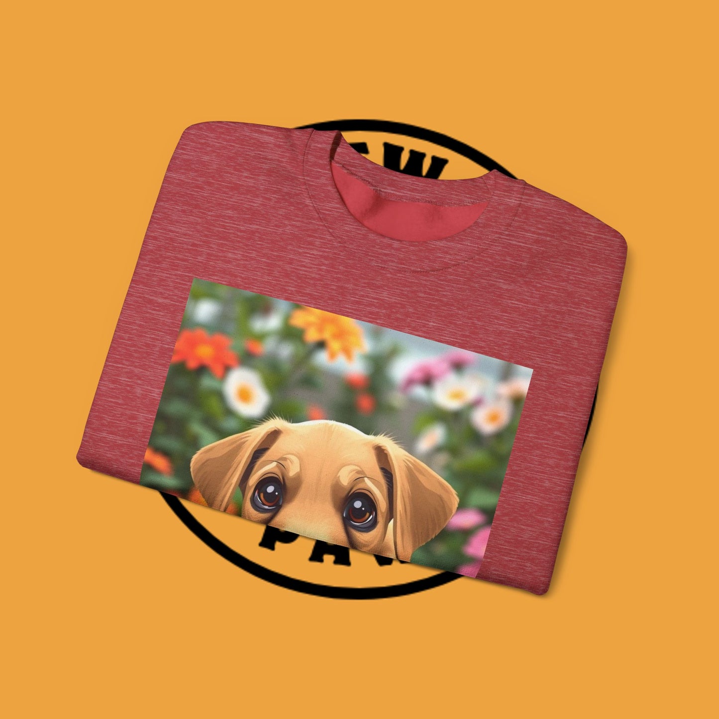 Unisex Dog Lover Crewneck Sweatshirt - Cute puppe with big eyes in floral garden
