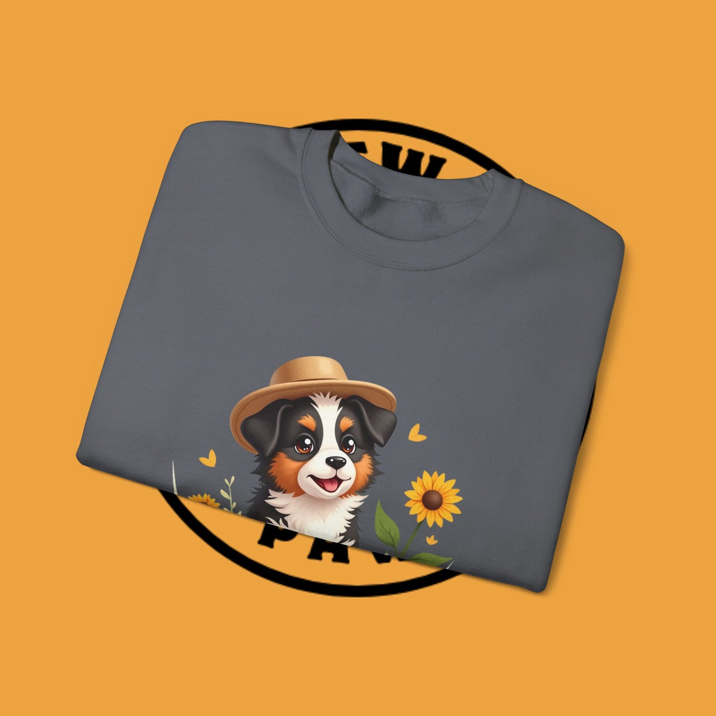 Garden Dog Crewneck Sweatshirt - Cute Puppy Gardener with Sunflowers Design | Green Thumb Gift