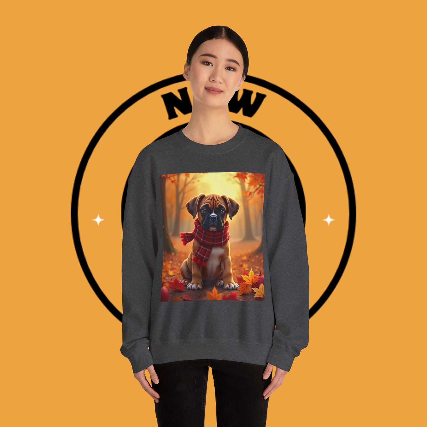 Cute Boxer Puppy Autumn Crewneck Sweatshirt | Fall Dog Lover Gift | Cozy Plaid Scarf Design