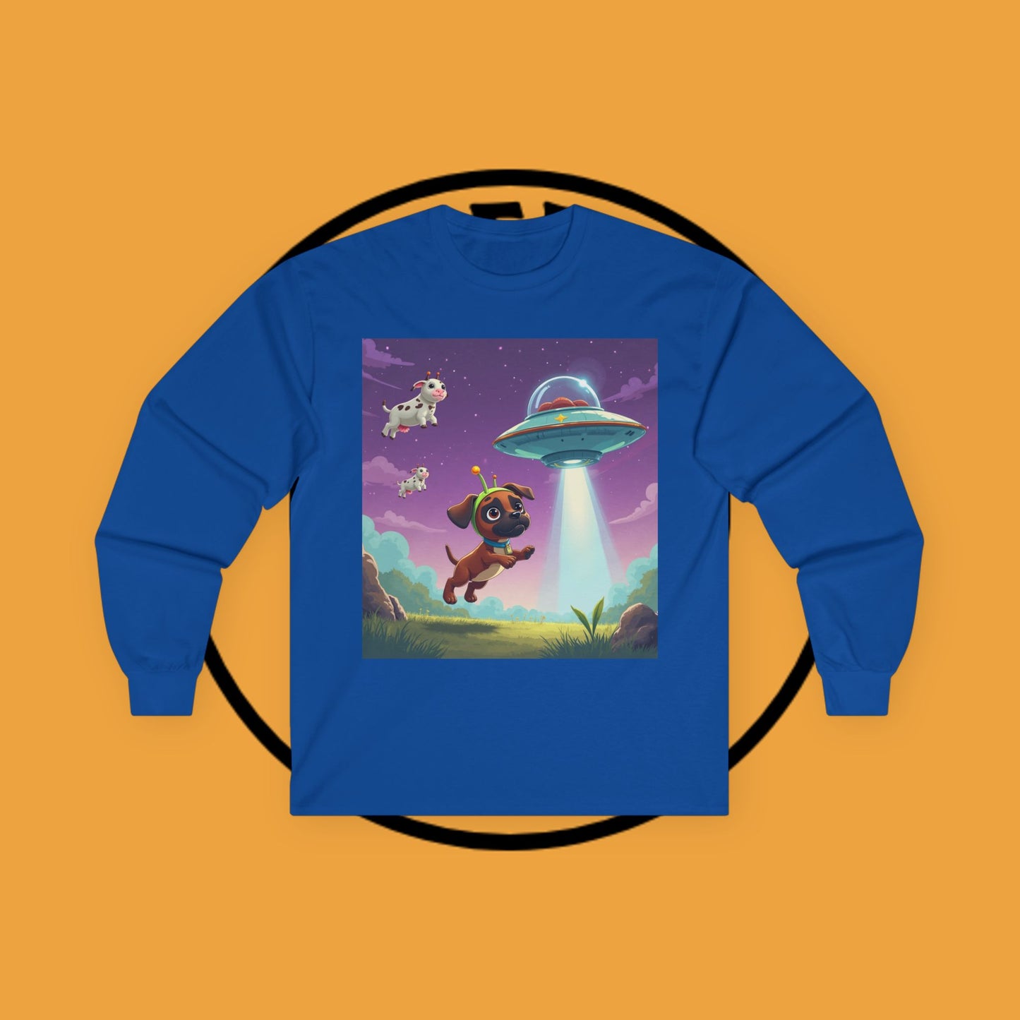 Cute Alien UFO Puppy & Flying Cow Long Sleeve Tee - Whimsical Space Adventure Shirt