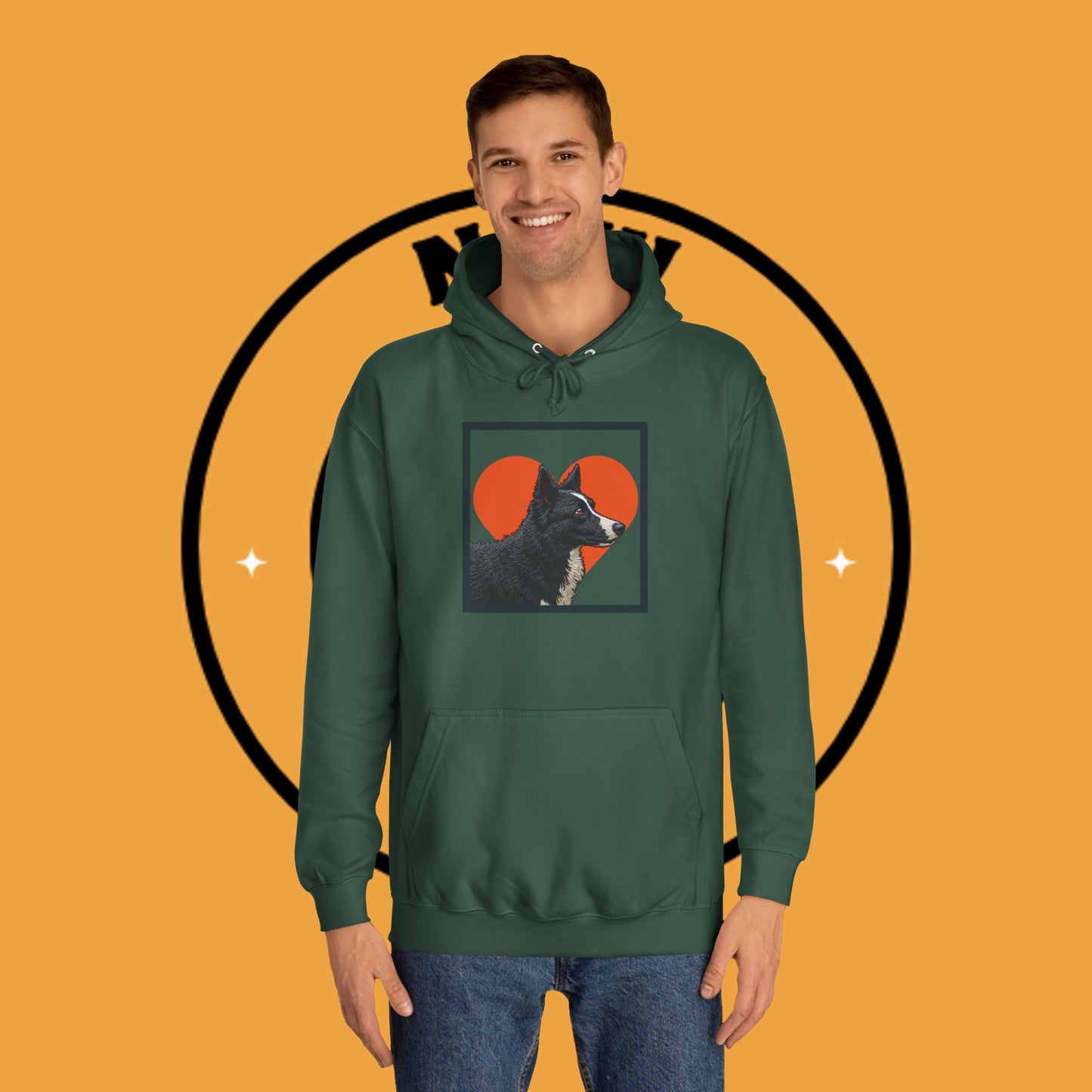 "Black & White Border Collie Portrait Hoodie - Bold Red Heart Background Dog Lover Sweatshirt | Premium Art Design"