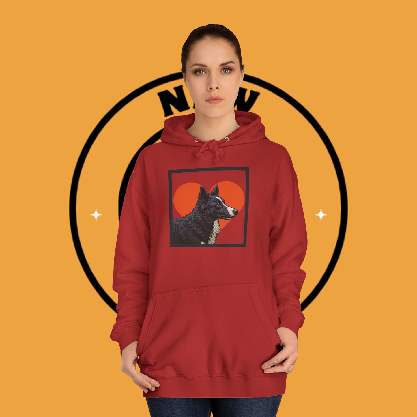 "Black & White Border Collie Portrait Hoodie - Bold Red Heart Background Dog Lover Sweatshirt | Premium Art Design"