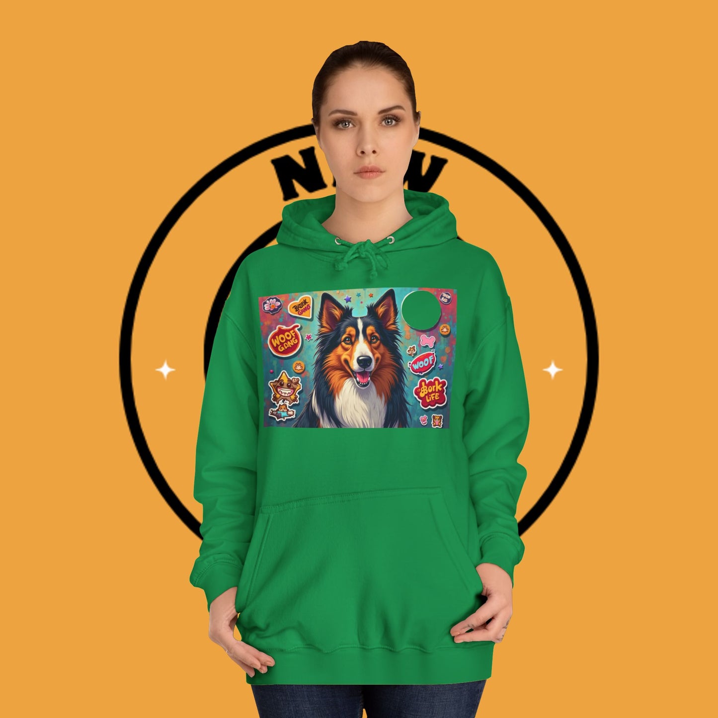 "Dog Sticker Pack Hoodie - Vibrant Collie with Fun Dog Patches Design | Millennial Pet Lover Streetwear"
