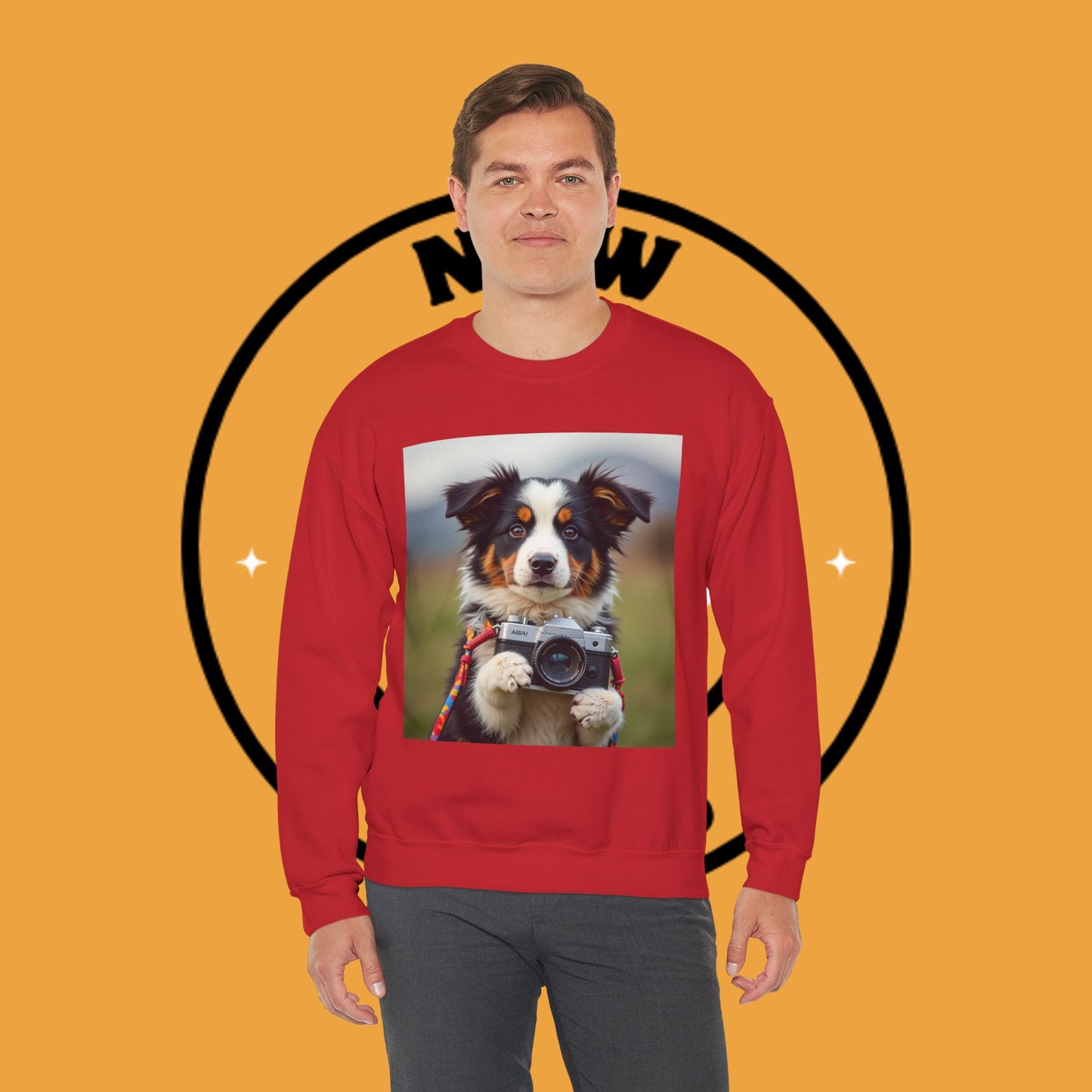 Photographer Dog Crewneck Sweatshirt - Cute Puppy with Vintage Camera Design | Photography Lover Gift