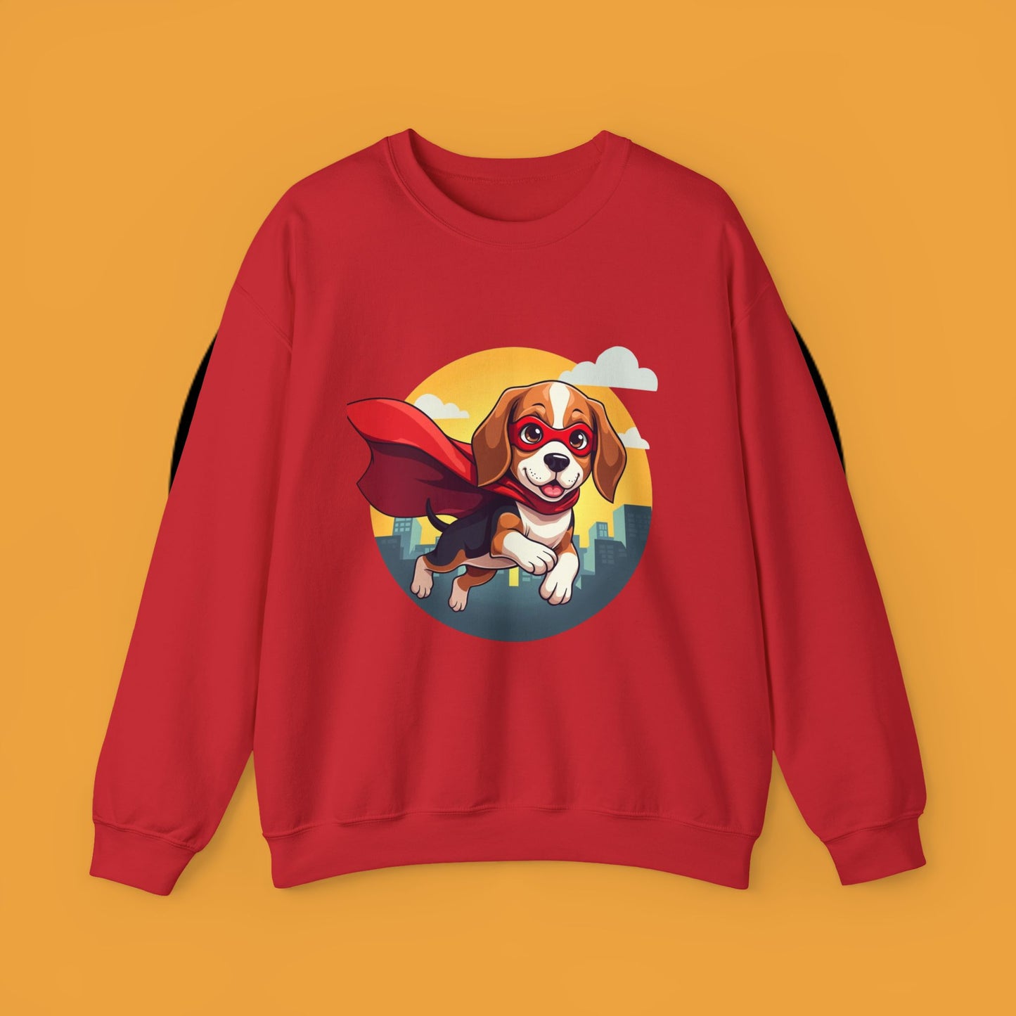 Superhero Dog Crewneck Sweatshirt - Flying Beagle Design with Red Cape and Mask
