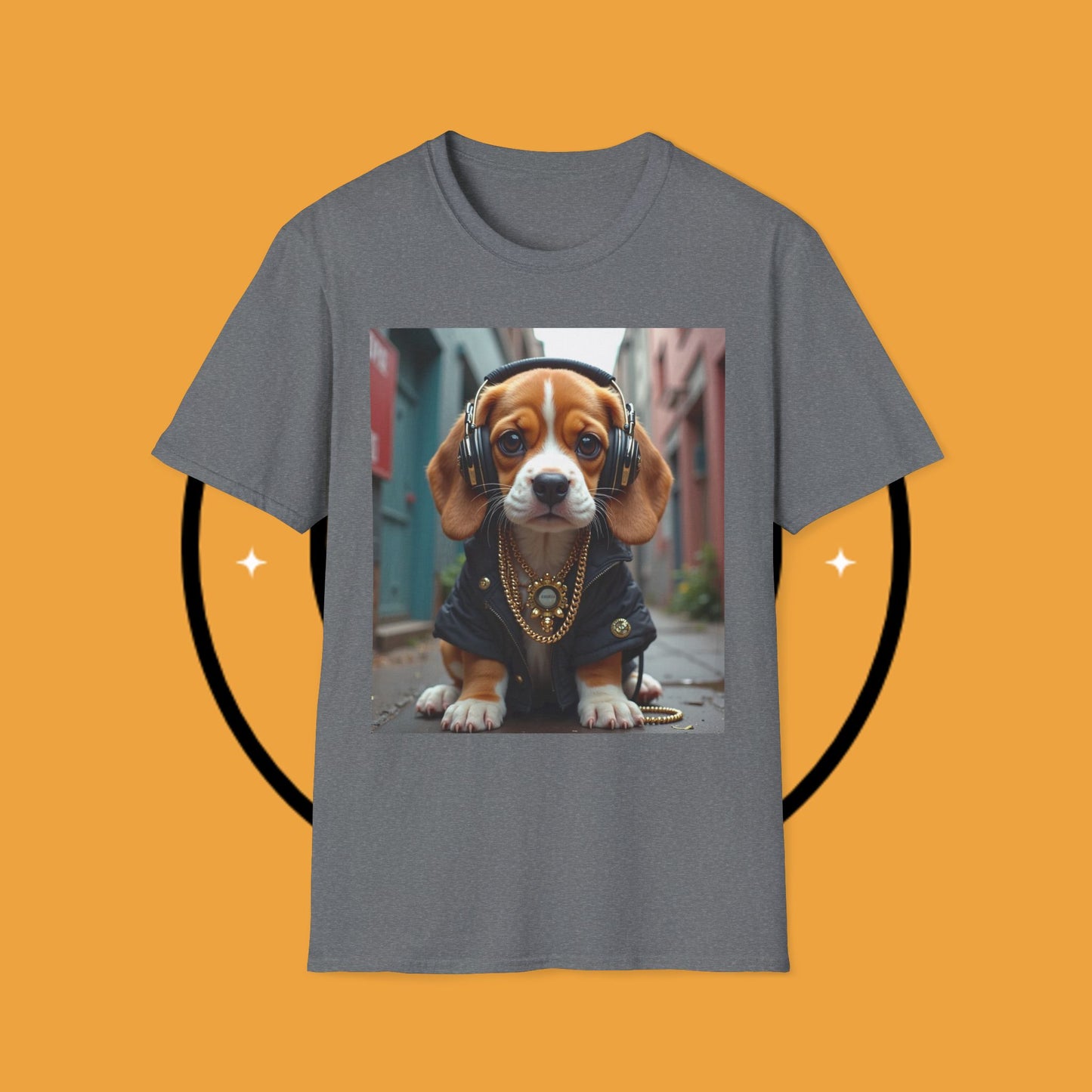 Hip Hop Beagle Dog T-Shirt - Cool Puppy with Headphones & Gold Chains Graphic Tee