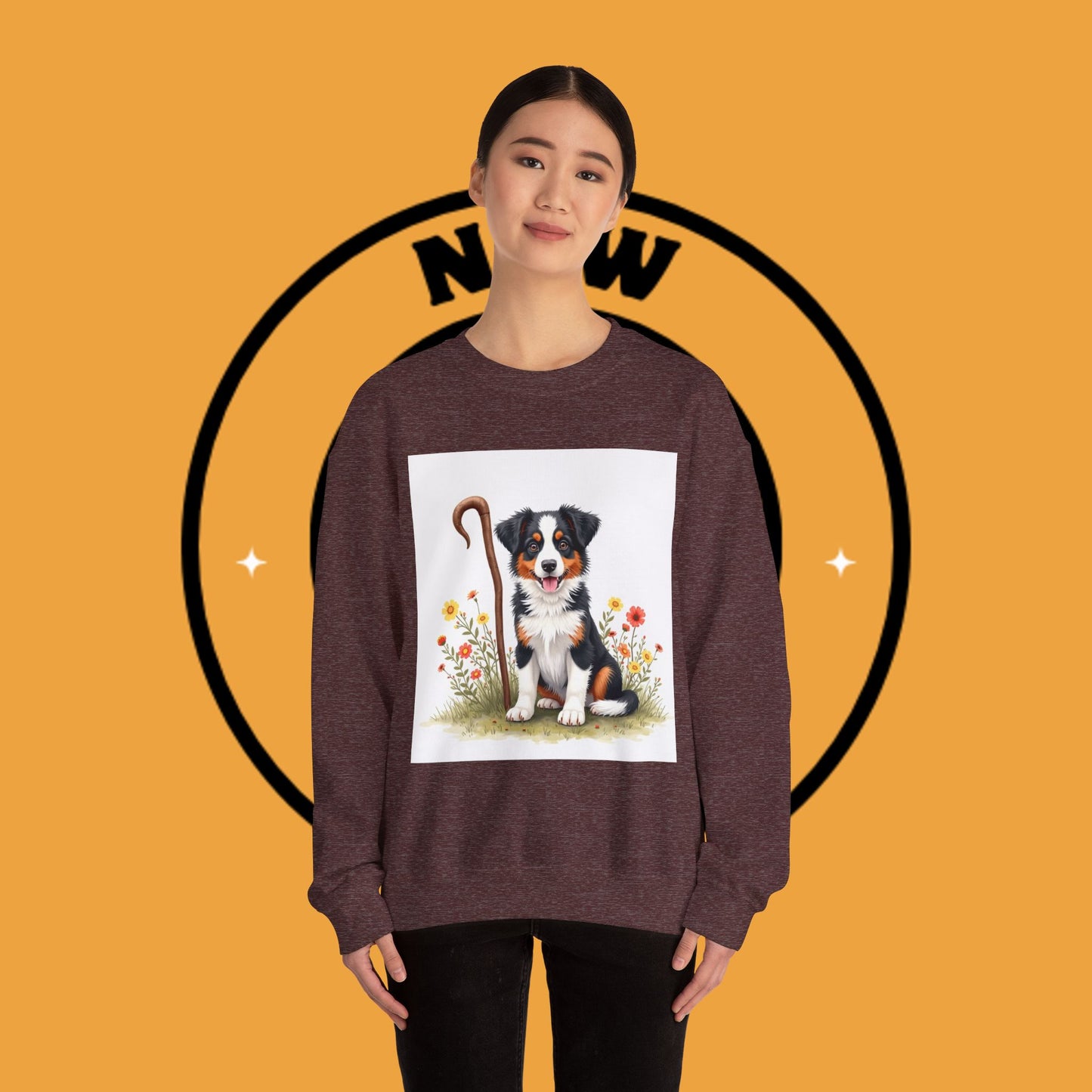 Border Collie Puppy Shepherd's Crook Crewneck Sweatshirt - Pastoral Dog Art | Farm Life Gift