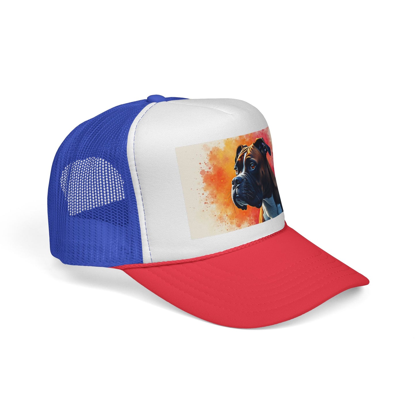 "Watercolor Sunset Boxer Dog Trucker Cap - Artistic Profile Design | Premium Snapback Hat | Fine Art Streetwear for Dog Lovers"