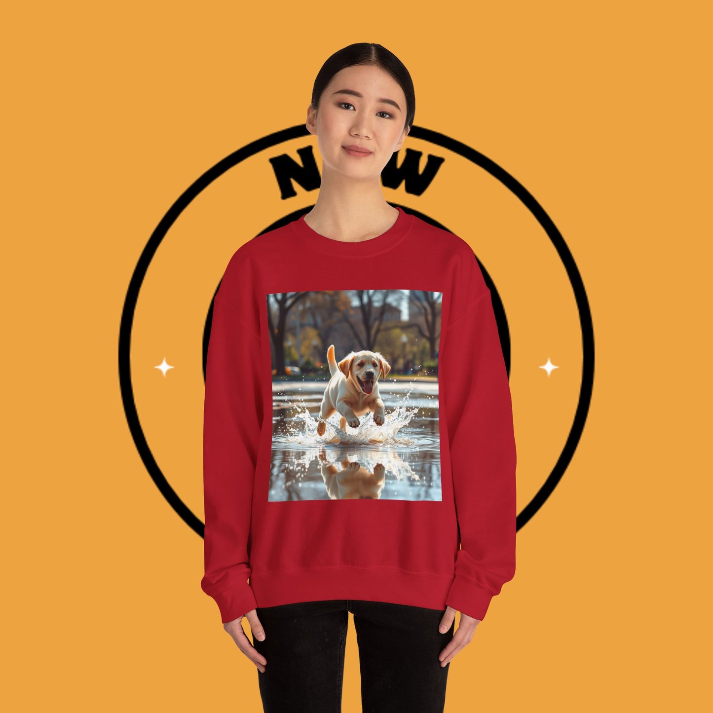 Unisex Dog Lover Crewneck Sweatshirt -Labrador Puppy Running in Water - Happy Dog Splashing in Puddle
