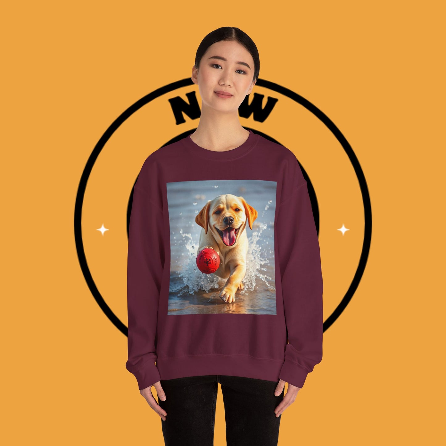 Unisex Dog Lover Crewneck Sweatshirt Labrador Puppy Playing with a Ball on the Beach - Photo of a Happy Dog Running in the Water