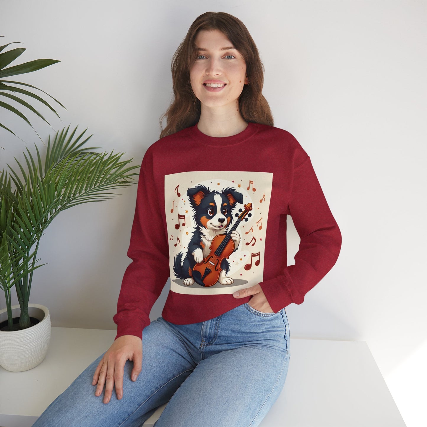 Music Dog Crewneck Sweatshirt - Cute Puppy Violinist with Musical Notes Design | Musician Gift