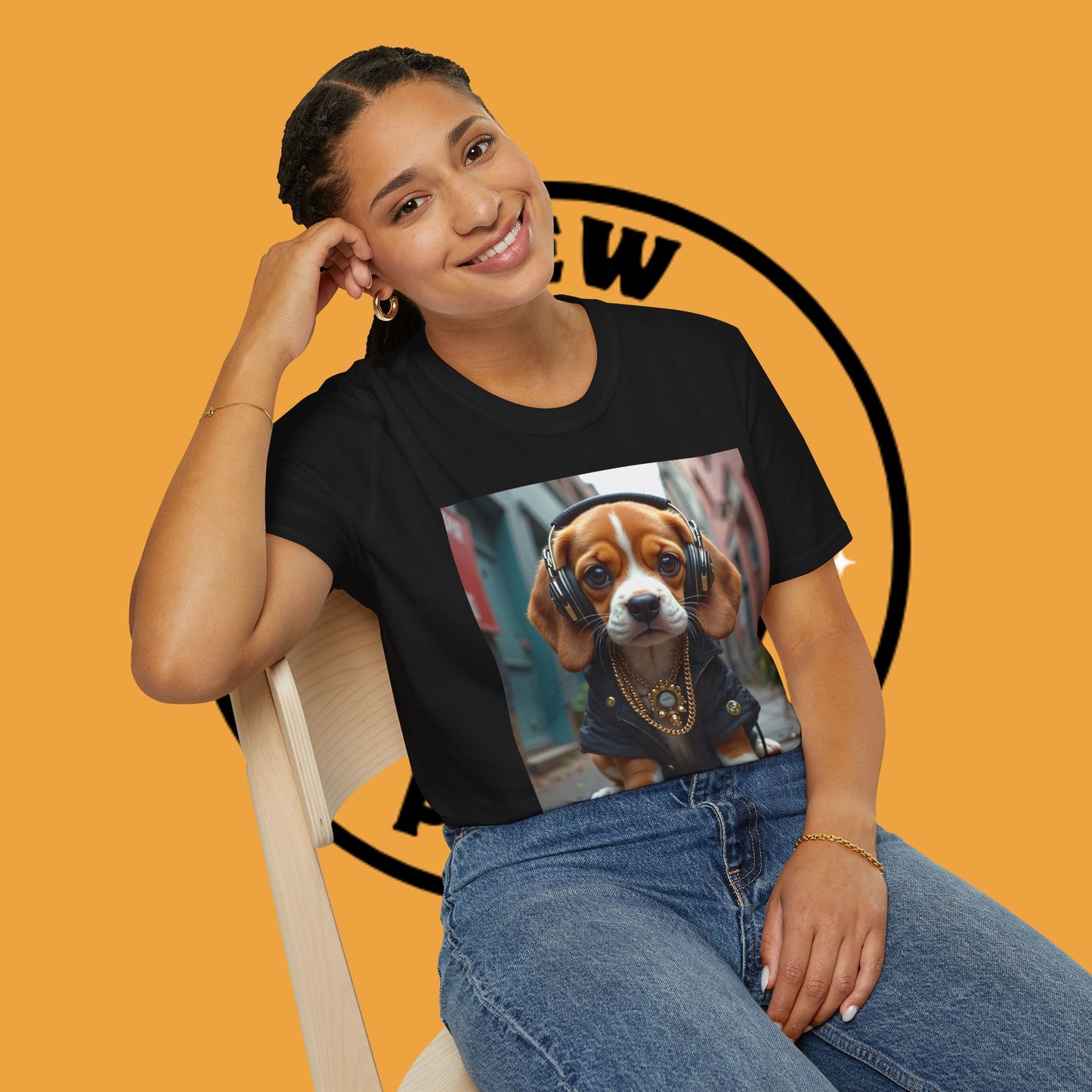 Hip Hop Beagle Dog T-Shirt - Cool Puppy with Headphones & Gold Chains Graphic Tee