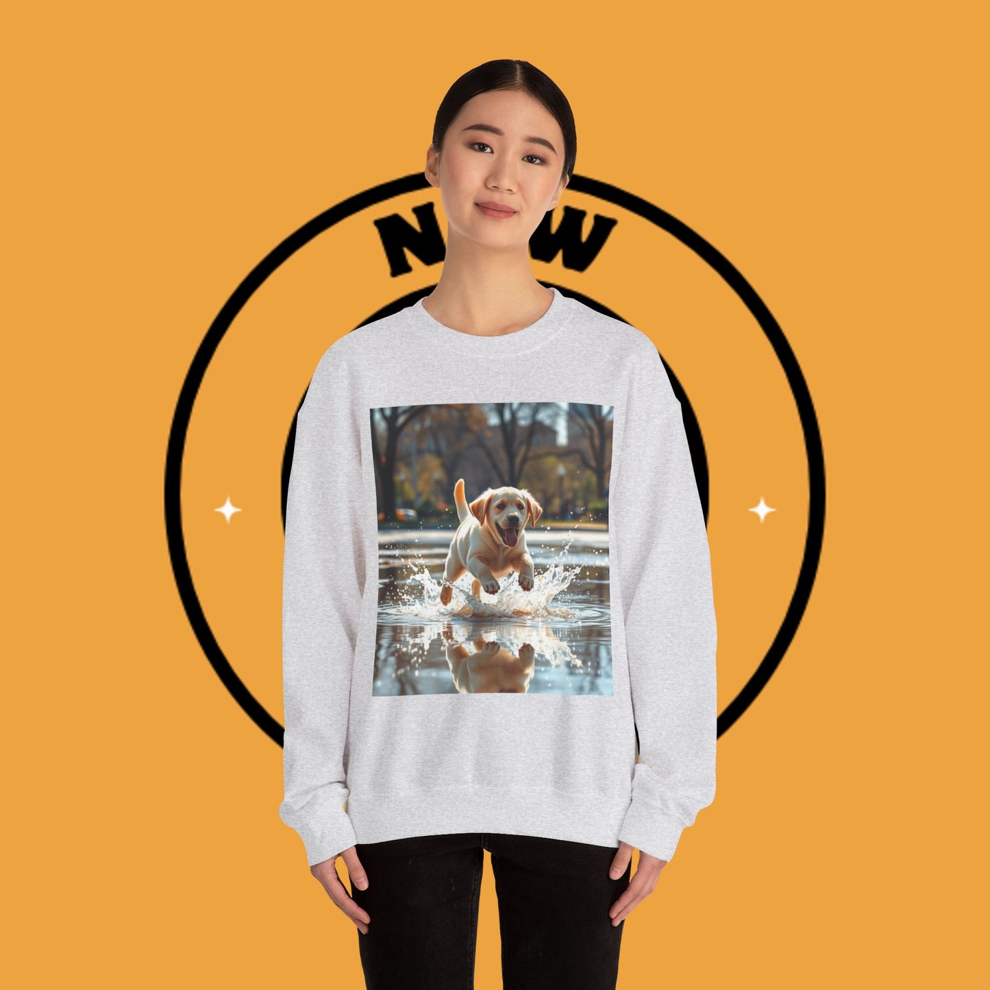 Unisex Dog Lover Crewneck Sweatshirt -Labrador Puppy Running in Water - Happy Dog Splashing in Puddle