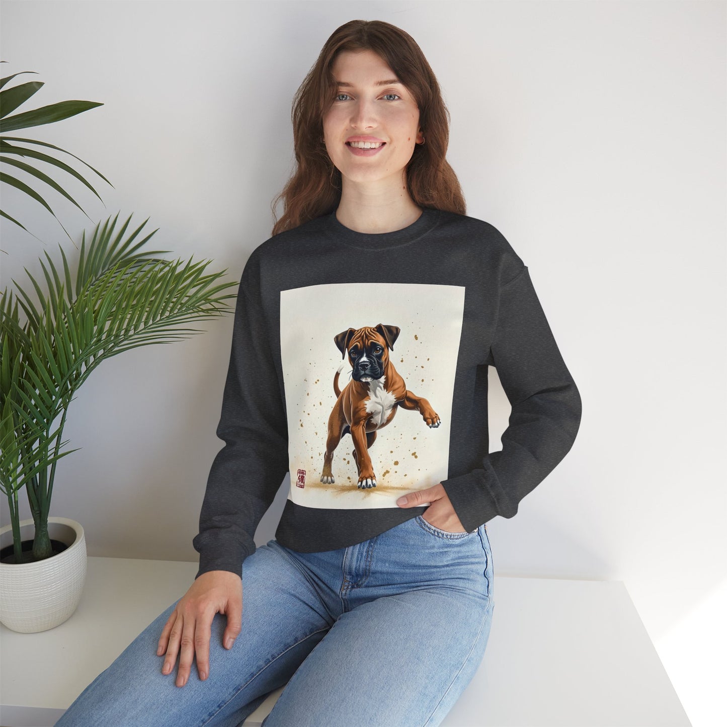Running Boxer Puppy Crewneck Sweatshirt | Artistic Dog Lover Gift | Dynamic Movement Design