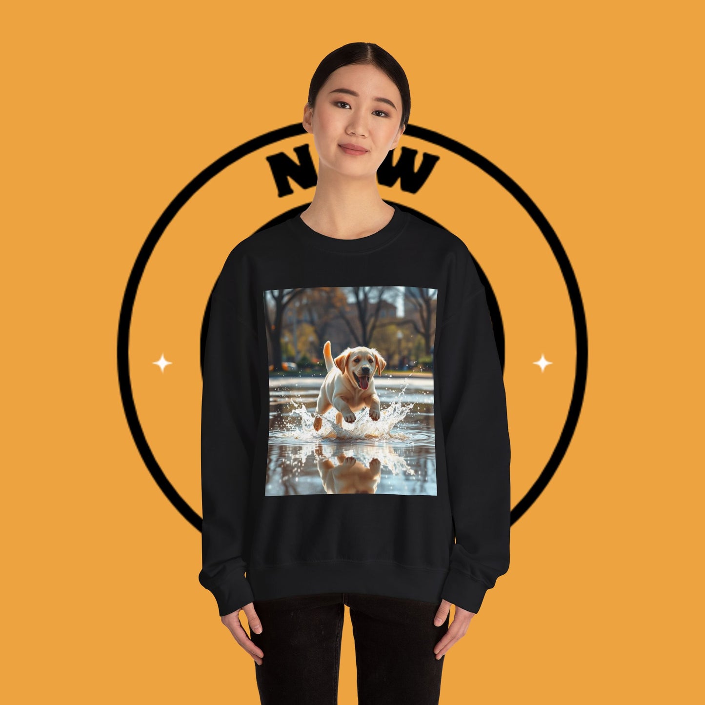 Unisex Dog Lover Crewneck Sweatshirt -Labrador Puppy Running in Water - Happy Dog Splashing in Puddle
