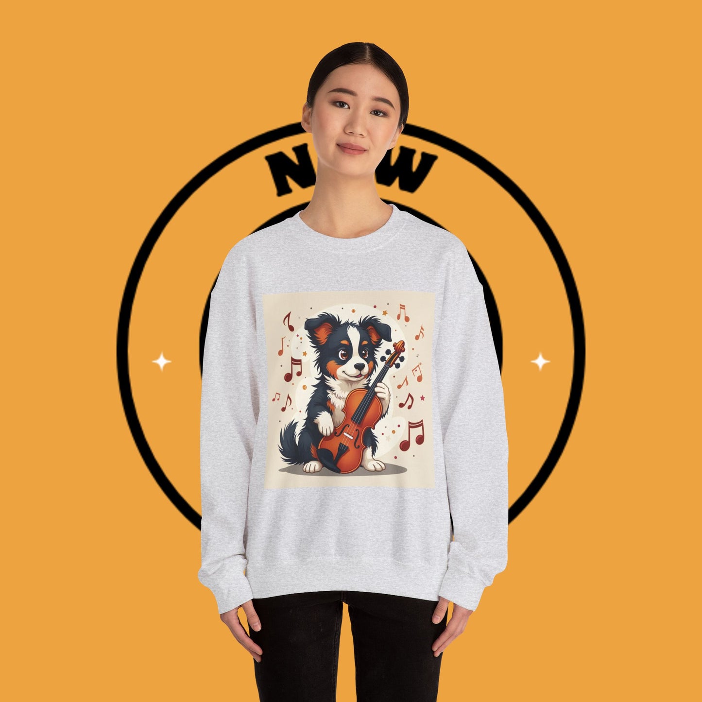 Music Dog Crewneck Sweatshirt - Cute Puppy Violinist with Musical Notes Design | Musician Gift