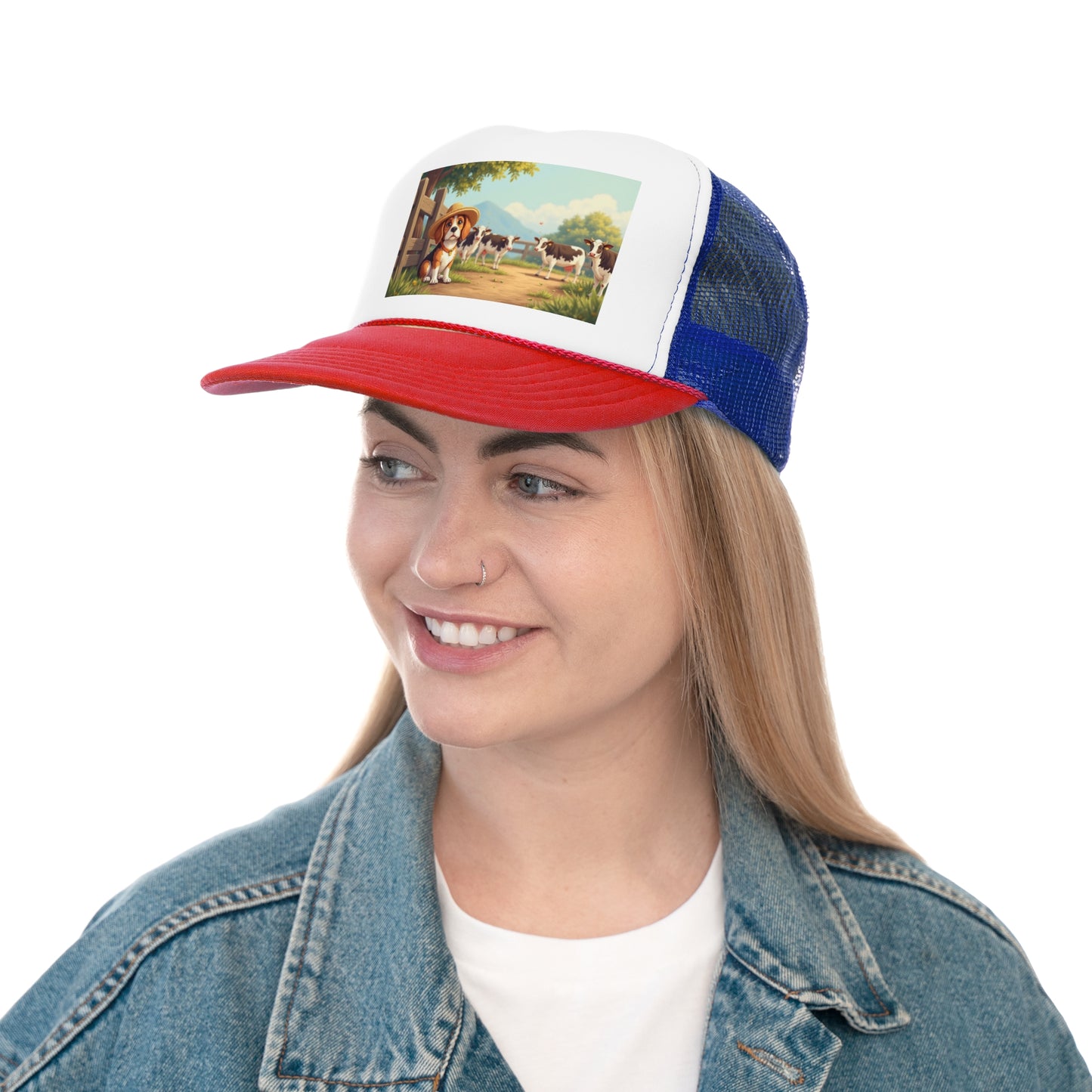 Farm Beagle with Straw Hat and Cows Trucker Hat - Country Dog Lover Cap - Adorable Dog Lover Unisex Cap