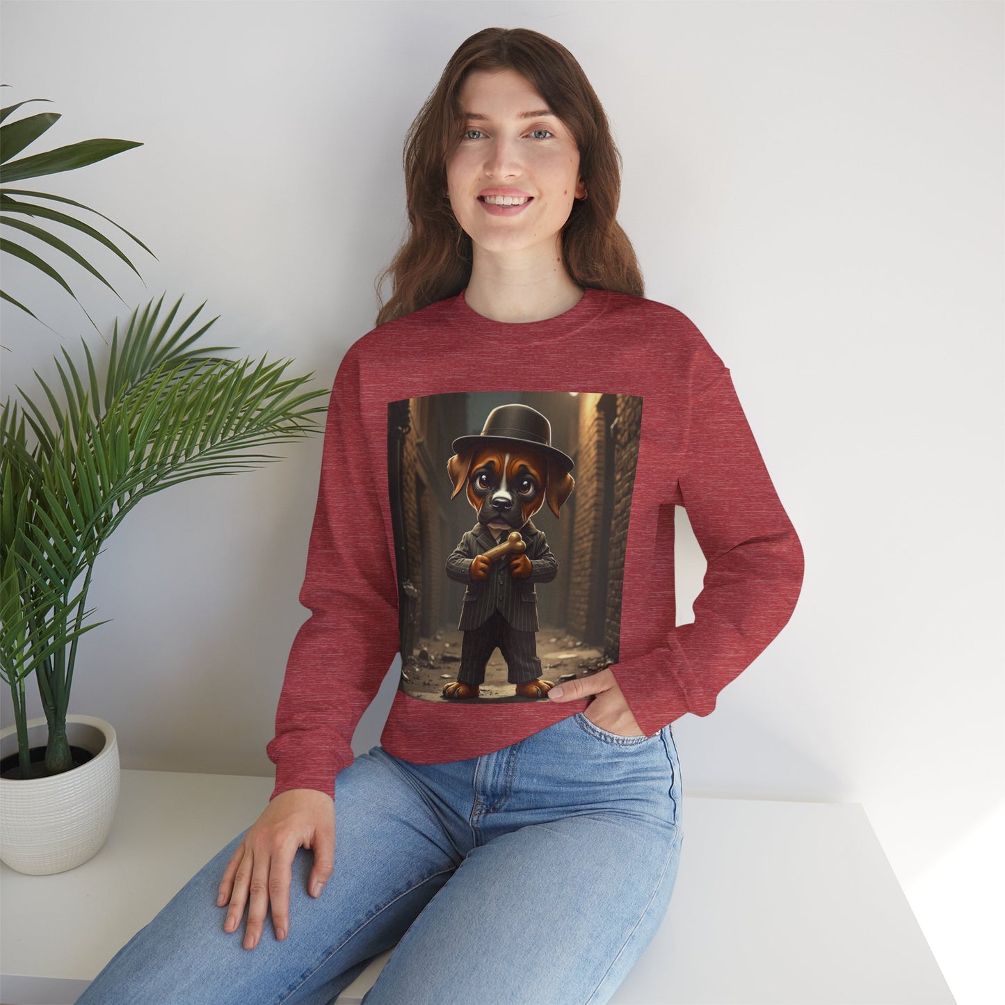 Gangster Puppy Fedora Crewneck Sweatshirt - Vintage Dog Boss Design - Retro Pet Lover Style