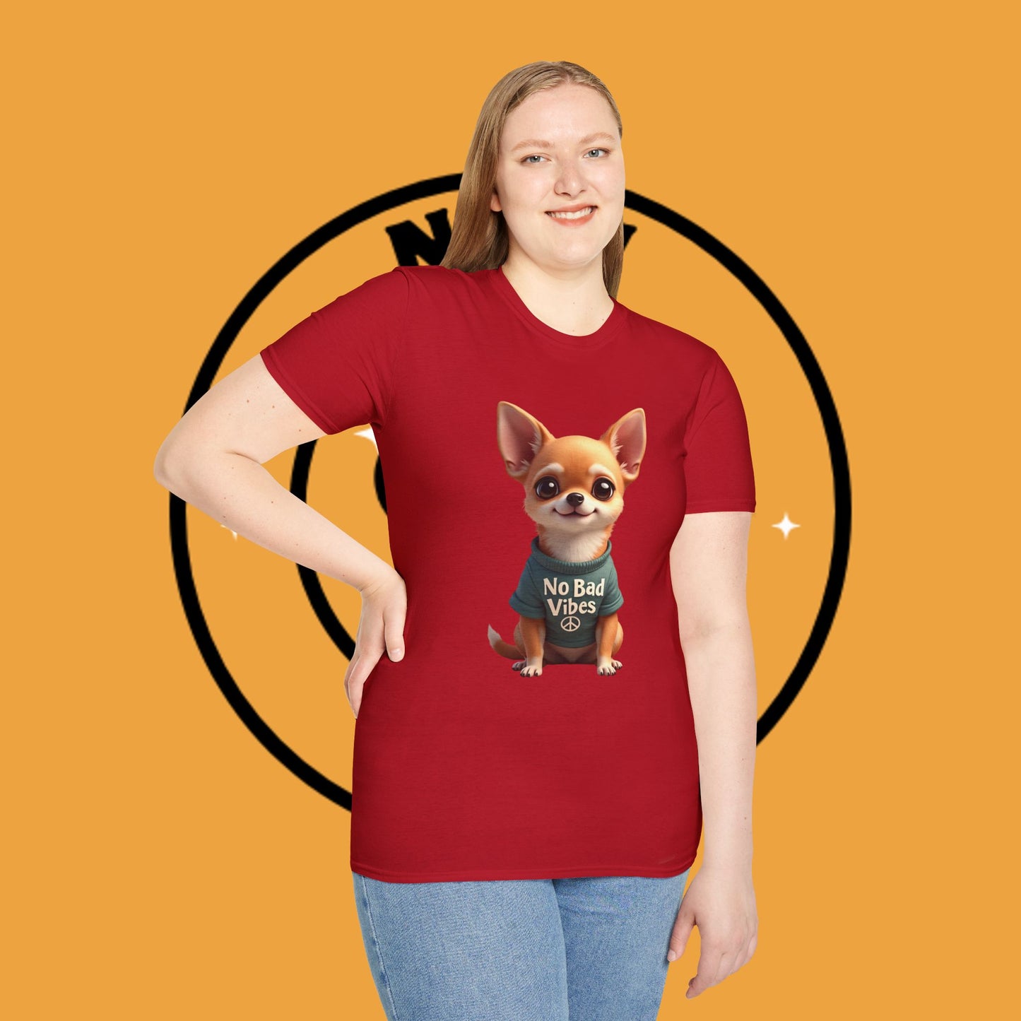 No Bad Vibes Chihuahua T-Shirt - Positive Energy Dog Art - Peace Symbol Pet Tee - Mental Health Wellness Shirt