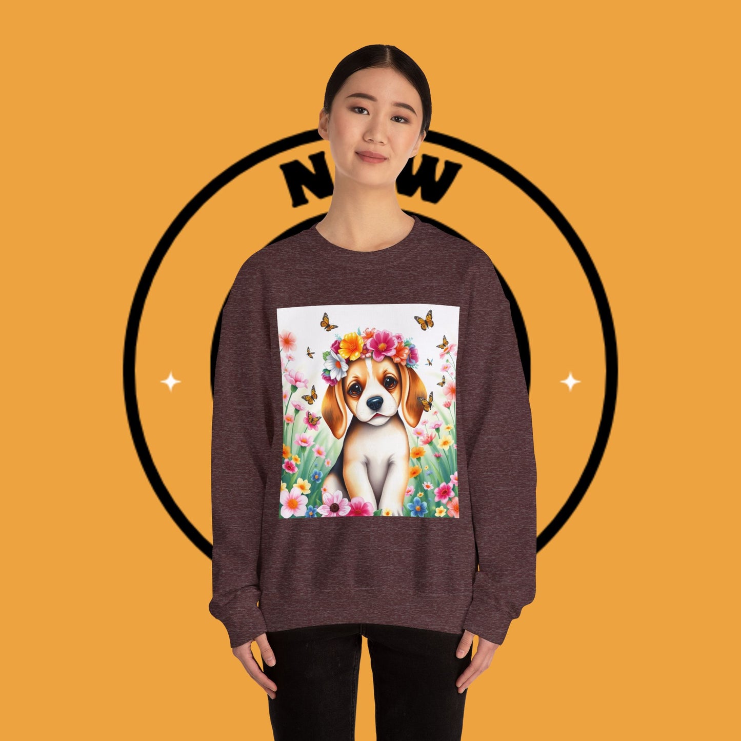 Flower Wreath Dog Crewneck Sweatshirt - Spring Beagle Design with Butterflies