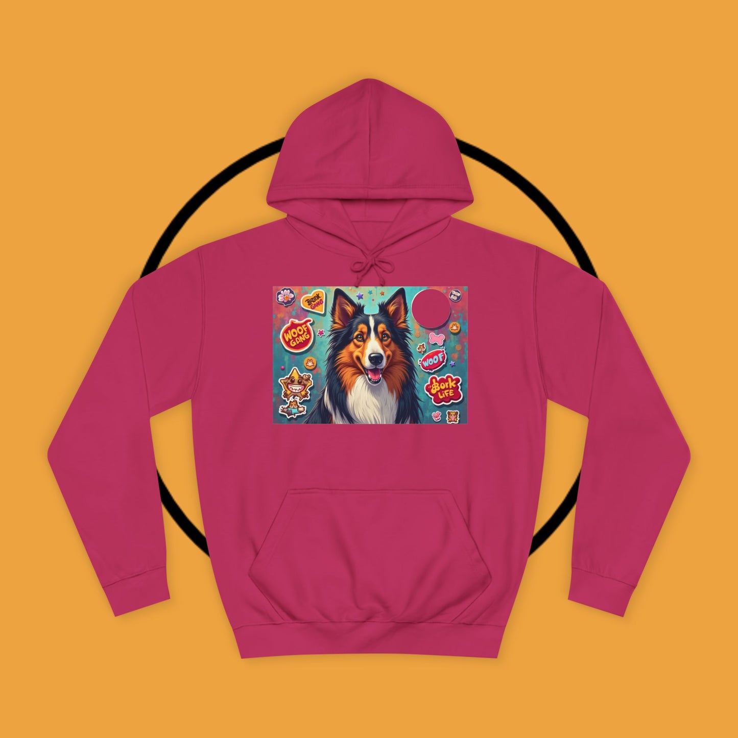 "Dog Sticker Pack Hoodie - Vibrant Collie with Fun Dog Patches Design | Millennial Pet Lover Streetwear"