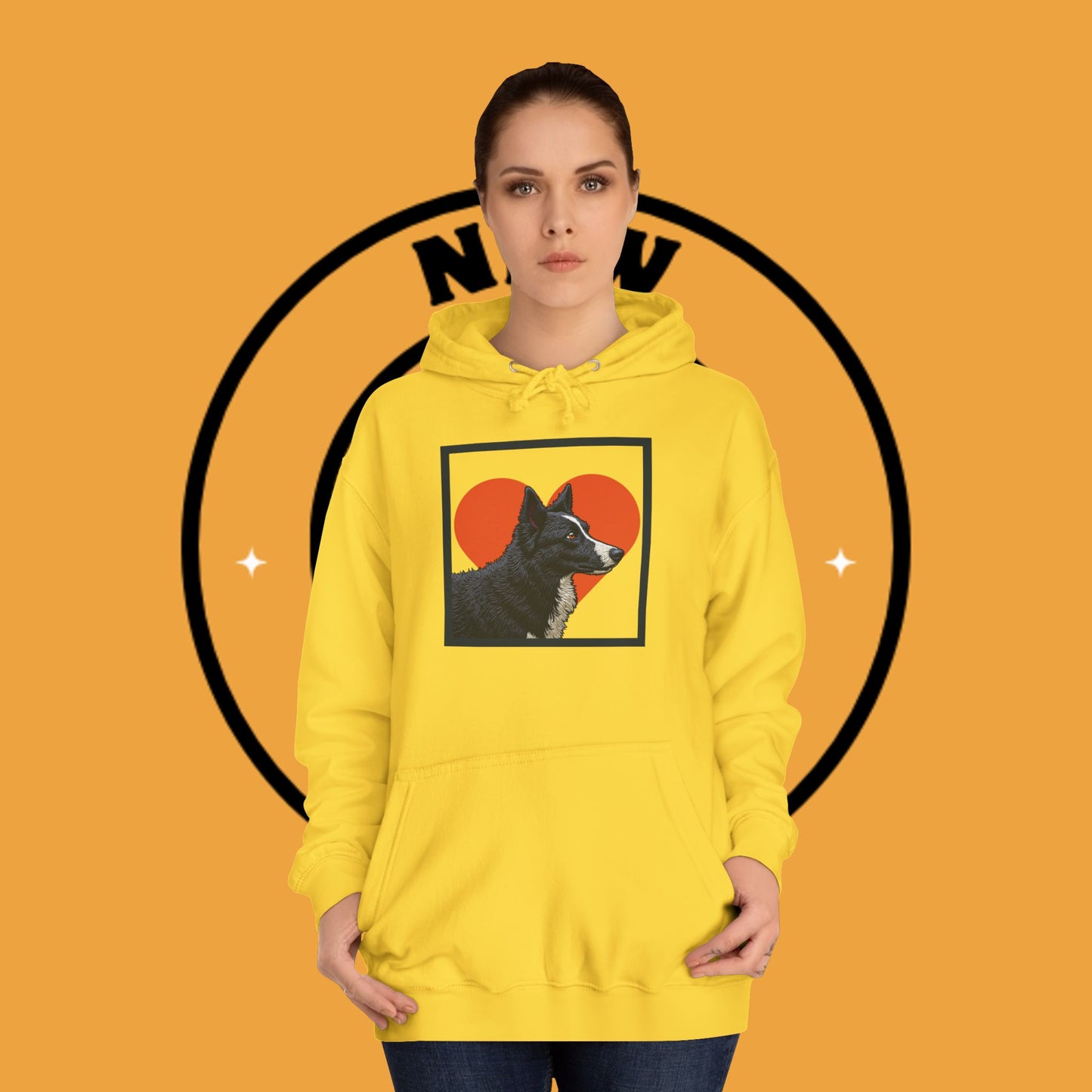 "Black & White Border Collie Portrait Hoodie - Bold Red Heart Background Dog Lover Sweatshirt | Premium Art Design"