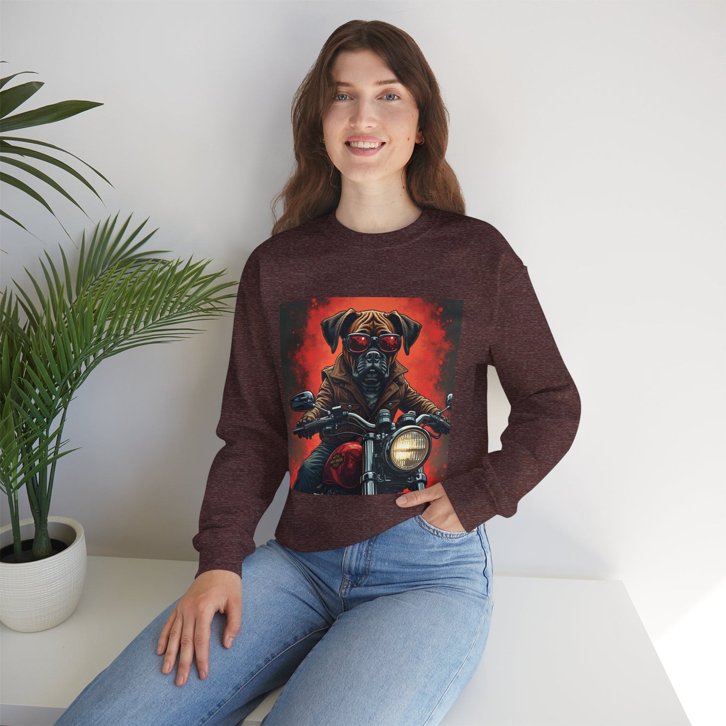 Biker Boxer Dog Crewneck Sweatshirt - Motorcycle Rebel Pup Design - Badass Pet Lover Style