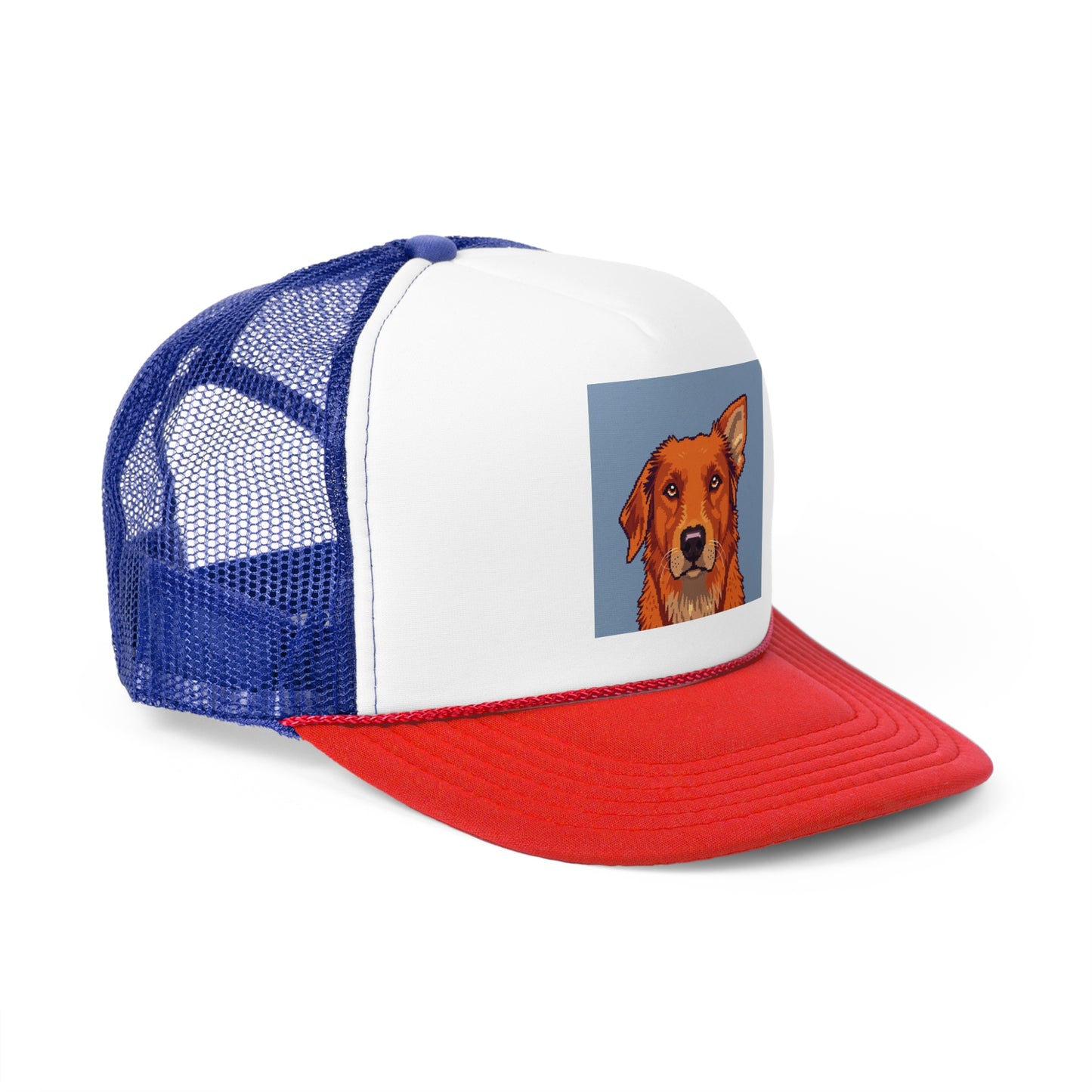 Pixel Art Dog Trucker Cap - Retro Gaming Golden Retriever Design - Unisex Adjustable Cap
