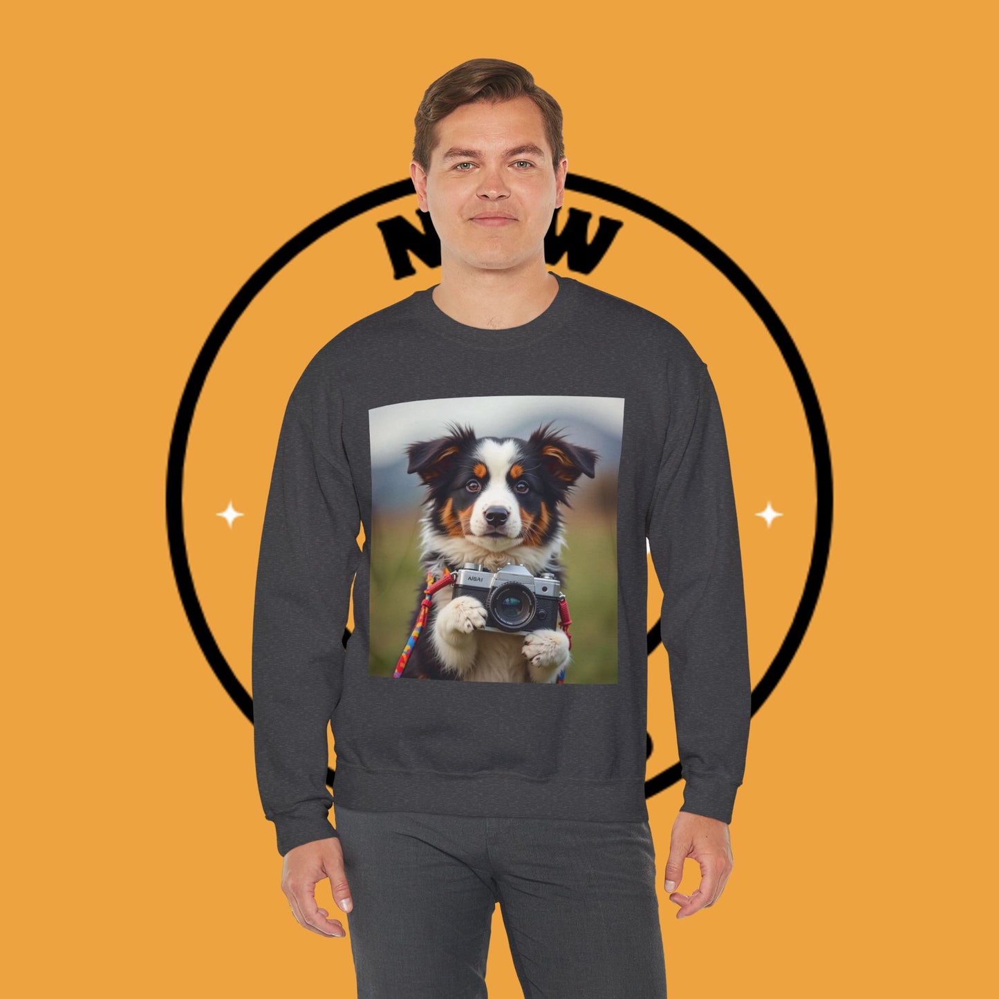 Photographer Dog Crewneck Sweatshirt - Cute Puppy with Vintage Camera Design | Photography Lover Gift