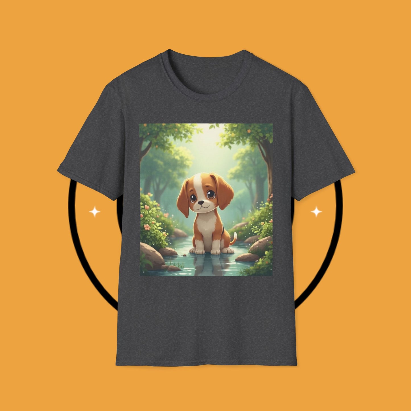 Magical Forest Beagle Puppy T-Shirt - Enchanted Nature Scene with Adorable Dog Design
