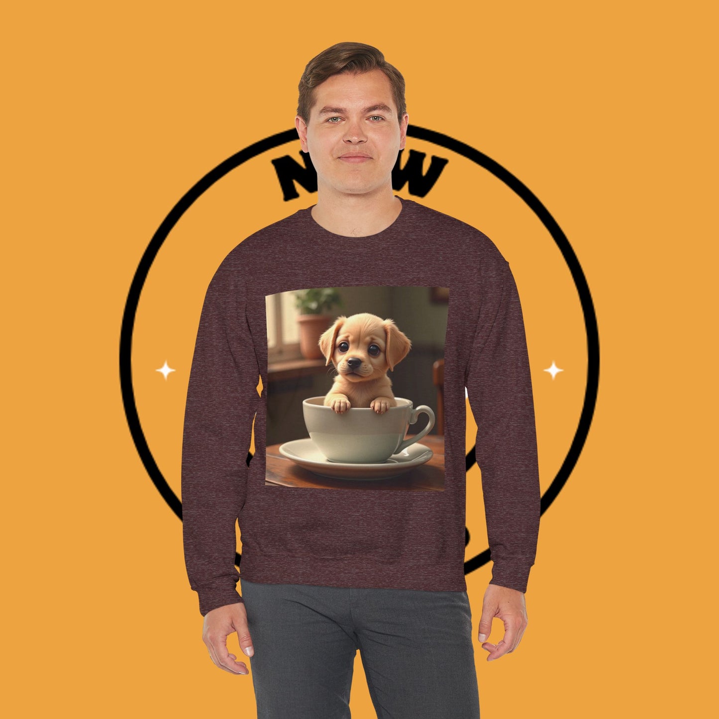 Unisex Dog Lover Crewneck Sweatshirt - Teacup Puppy: Adorable Yellow Lab in Coffee Cup