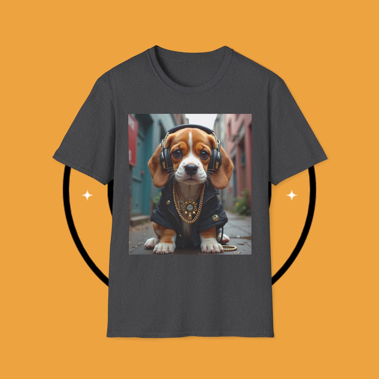 Hip Hop Beagle Dog T-Shirt - Cool Puppy with Headphones & Gold Chains Graphic Tee