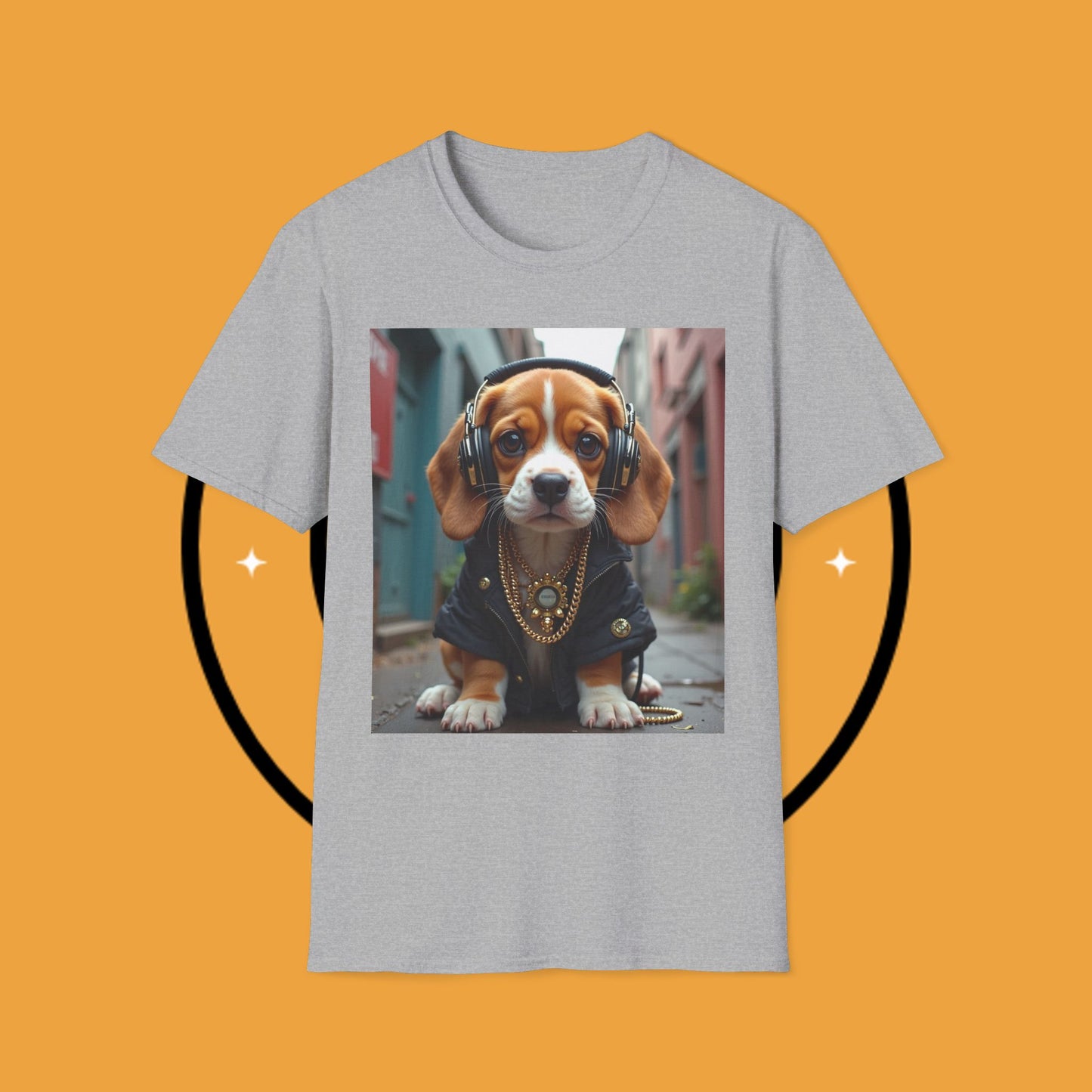 Hip Hop Beagle Dog T-Shirt - Cool Puppy with Headphones & Gold Chains Graphic Tee